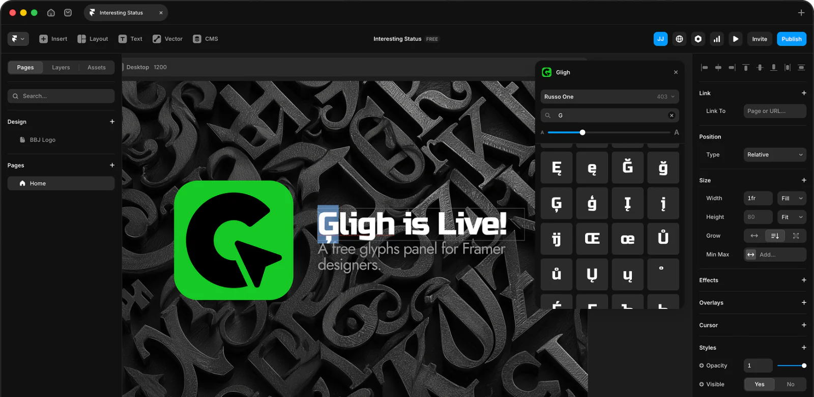 The Gligh panel open in Framer, mid glyph search