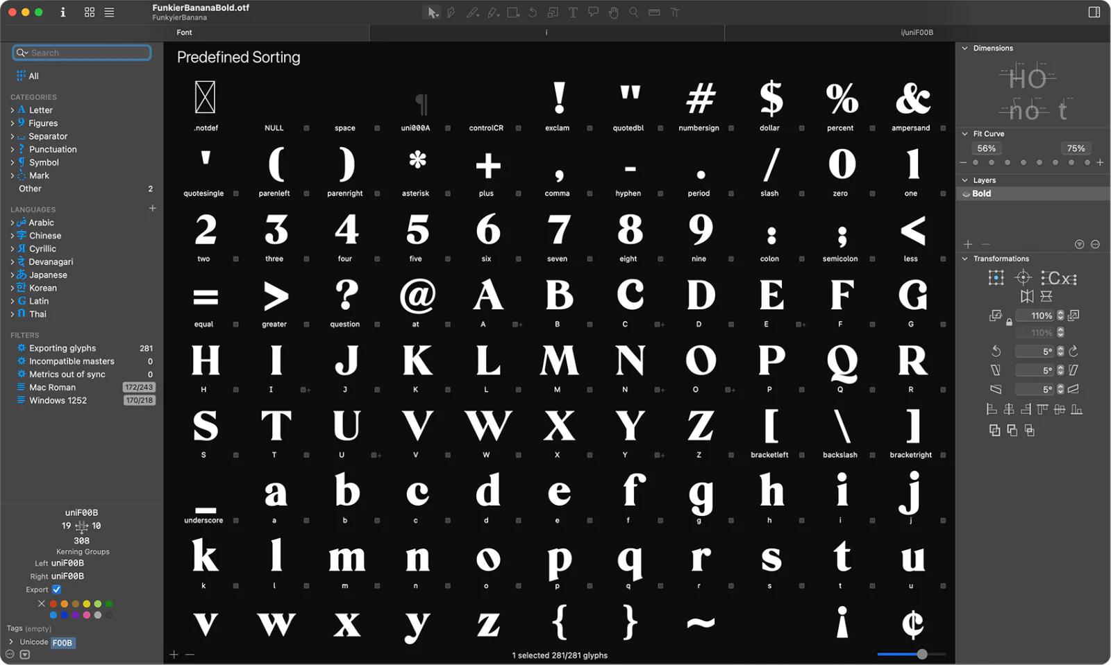 Glyphs 3 showing the full glyph grid for the display face