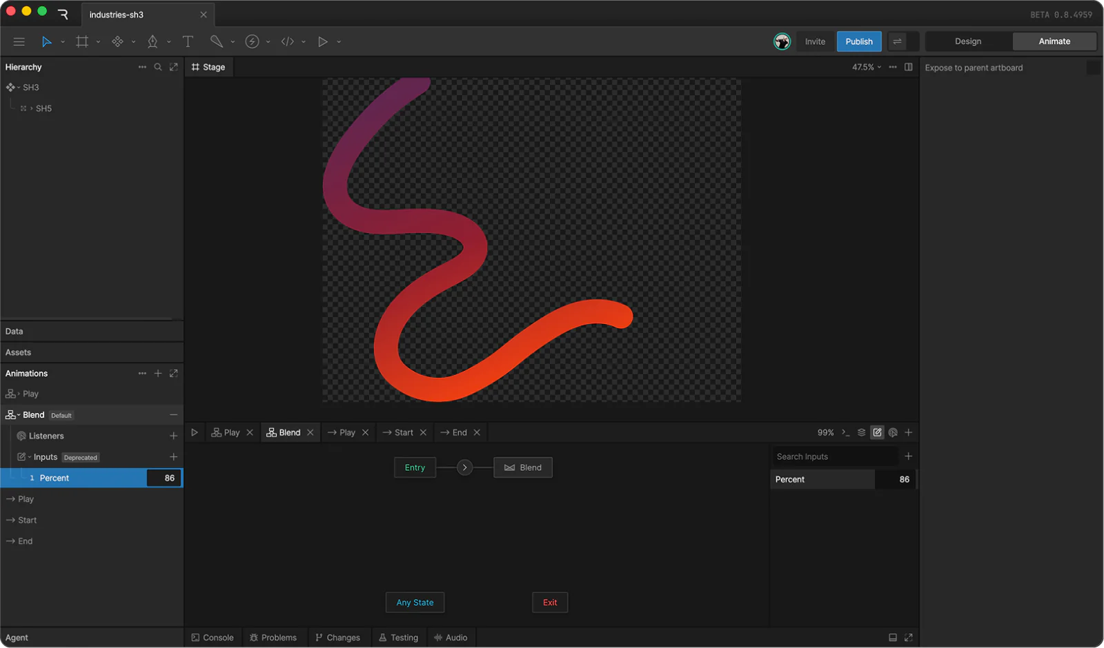 Rive editor showing the worm artboard with its Blend state machine and the Percent input