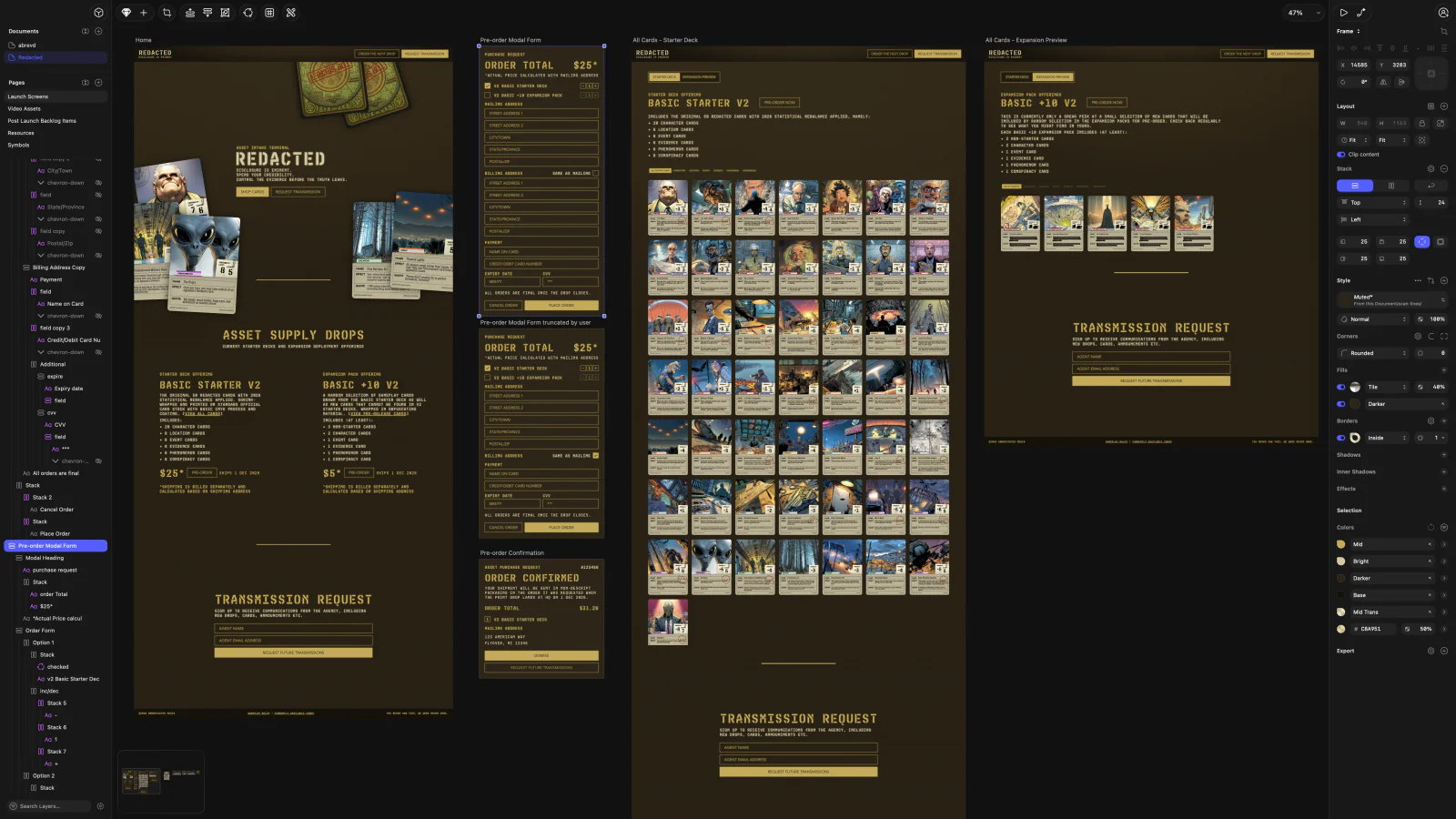 The Redacted storefront designed in Sketch: home page, pre-order modal, starter deck card gallery and expansion preview