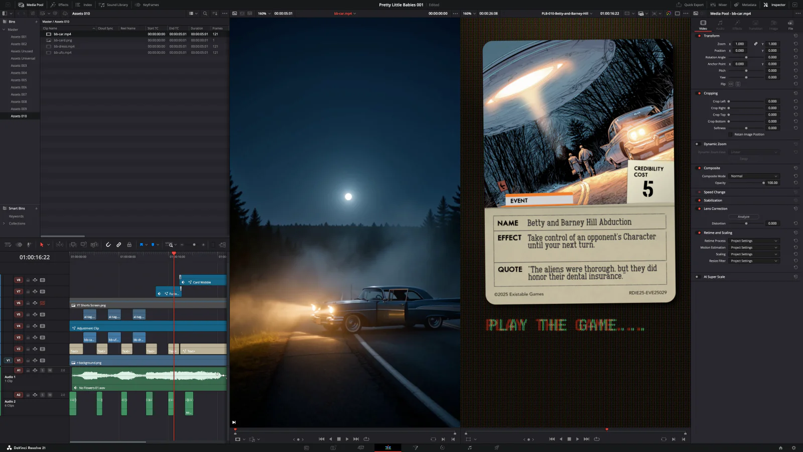 The Betty and Barney Hill campaign spot being assembled in DaVinci Resolve, reenactment footage beside the card it introduces